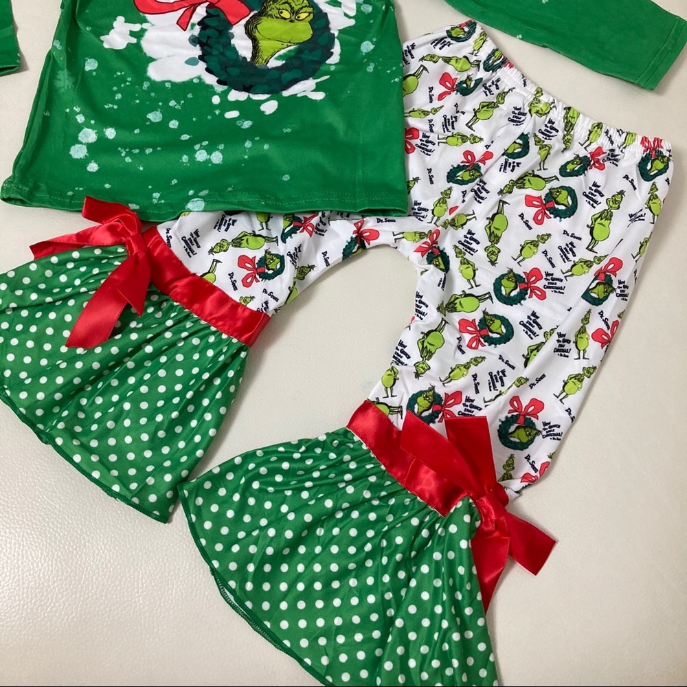 Boutique Christmas 🎄 Grinch cute bow pants long sleeve top set - Picture 4 of 7